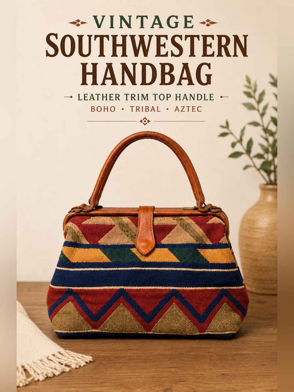 Vintage Southwestern Woven Handbag Leather Trim Top Handle Boho Tribal Aztec